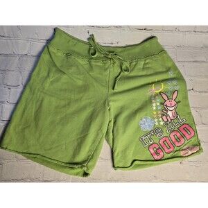 Its Happy Bunny Junior Sz XL Green Drawstring Shorts "It's all good" Y2K Vintage
